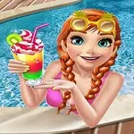 Ragazza animata con occhialini da nuoto e treccine che tiene un cocktail colorato in piscina