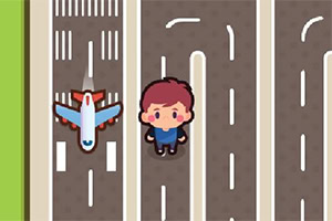 Illustrazione di un bambino e un aereo giocattolo su strade separate disegnate in stile cartone animato