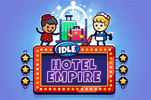 Illustrazione di un videogioco chiamato Idle Hotel Empire con personaggi cartoon, un hotel e bagagli