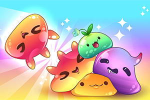 Creature colorate e sorridenti di varie forme con sfondo luminoso e stellato