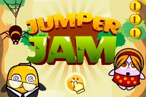 Logo del gioco Jumper Jam con unape, un pinguino e un personaggio con turbante su sfondo colorato