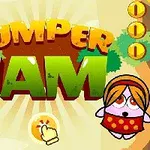 Logo del gioco Jumper Jam con unape, un pinguino e un personaggio con turbante su sfondo colorato