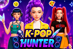 Tre ragazze in stile K-pop con abiti colorati su sfondo viola neon, luci, casse audio e scritta K-POP HUNTER
