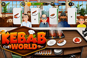Cuochi dietro il bancone di un ristorante di kebab con piatti pronti, ingredienti e logo Kebab World in primo piano