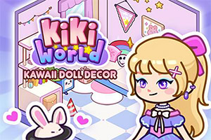 Ragazza anime bionda in abito viola in una cameretta kawaii rosa e viola con coniglietto bianco e decorazioni stellate