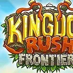 Logo colorato del videogioco Kingdom Rush Frontiers con sfondo cielo azzurro