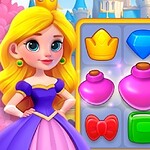 Principessa dei cartoni animati accanto a un gioco di abbinamento a tema regale con icone come corone e scudi