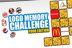 Collage con loghi di fast food e snack, carte illustrate colorate e grande testo Logo Memory Challenge Food Edition