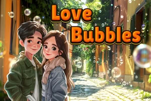 Coppia sorridente abbracciata in una strada romantica illuminata dal sole, circondata da bolle e dalla scritta Love Bubbles