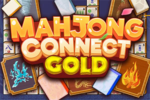 Logo colorato Mahjong Connect Gold al centro, circondato da tessere mahjong e carte con simboli di fuoco, ghiaccio e drago