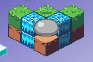 Illustrazione isometrica di un paesaggio pixel art con cascata, specchio dacqua e alberi