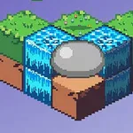 Illustrazione isometrica di un paesaggio pixel art con cascata, specchio dacqua e alberi