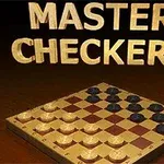 Scacchiera da dama con pedine nere e dorate e le parole MASTER CHECKERS in alto