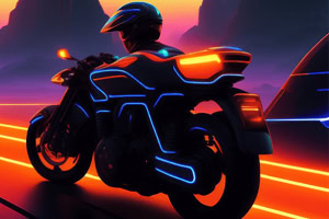 Motociclista con casco in paesaggio neon futuristico