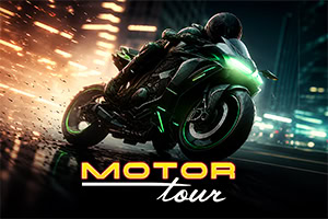 Motociclista in tuta nera su moto sportiva futuristica, inclinato in curva con scintille e luci al neon sullo sfondo notturno