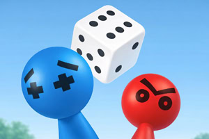 Due personaggi stilizzati blu e rosso con simboli sul viso guardano un dado bianco sospeso su sfondo cielo azzurro