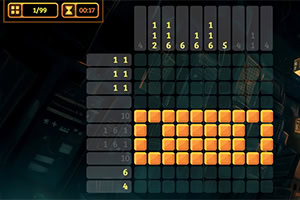 Schermo di gioco di Picross con puzzle parzialmente completato e blocchi illuminati a forma di freccia