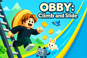 Personaggio cartoon che corre su uno scivolo colorato con monete, animali sorridenti e sfondo di montagne