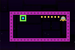 Quadrato verde e robot giallo in un labirinto di gioco minimalista