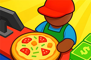 Una persona con cappello rosso e grembiule verde tiene una pizza davanti a una cassa su uno sfondo colorato
