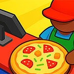 Una persona con cappello rosso e grembiule verde tiene una pizza davanti a una cassa su uno sfondo colorato