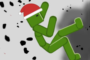 Android verde con cappello di Natale che vola nello spazio con detriti