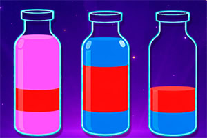 Tre bottiglie trasparenti con liquidi rosa, rossi e blu su sfondo viola stellato
