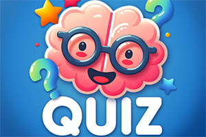 Cervello rosa sorridente con occhiali, punti interrogativi colorati e la scritta QUIZ su sfondo blu