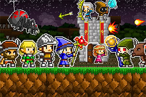 Personaggi in stile pixel art, tra cui guerrieri e maghi, davanti a un castello con creature minacciose sullo sfondo notturno