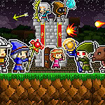 Retro Defenders: Towers' War Personaggi in stile pixel art, tra cui guerrieri e maghi, davanti a un castello con creature minacciose sullo sfondo notturno