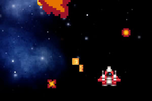 Videogioco arcade retrò nello spazio con navicella e alieni pixelati