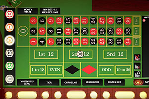 Tavolo verde di gioco con numeri in rosso e nero, sezioni per puntate e pulsanti laterali