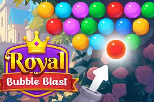 Screenshot del gioco Royal Bubble Blast con palle colorate e logo brillante