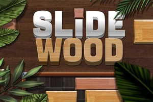 Scritta SLIDE WOOD in grandi lettere su sfondo di assi di legno, circondata da foglie tropicali e blocchi di legno