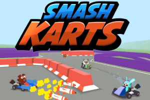 Pista di kart animati in competizione con esplosioni, logo Smash Karts