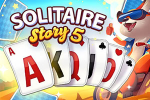 Carte da gioco con le lettere A, K, Q, J e un personaggio animato di una volpe in un gioco chiamato Solitaire Story 5