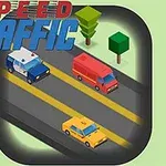 Illustrazione di un videogioco di traffico con auto colorate su strada e alberi stilizzati