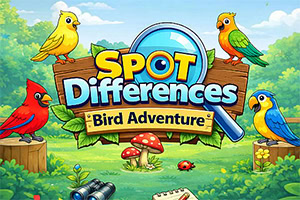 Logo colorato Spot Differences Bird Adventure con quattro uccelli su cartelli di legno, foresta verde, funghi e binocolo