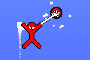 Personaggio rosso stilizzato che lancia una palla di neve in stile pixel art su sfondo blu