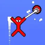 Personaggio rosso stilizzato che lancia una palla di neve in stile pixel art su sfondo blu