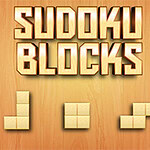 Titolo Sudoku Blocks su uno sfondo di legno con tre forme geometriche composte da blocchi quadrati