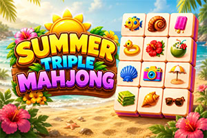 Logo colorato Summer Triple Mahjong su spiaggia tropicale con tessere illustrate, fiori ibisco e palme