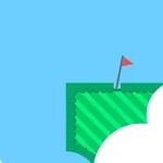 Illustrazione minimalista di un campo da golf con bandierina rossa e palla da golf che vola verso il green