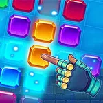 Mano con guanto tecnologico che tocca blocchi colorati in un gioco puzzle di abbinamento