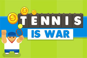 Un personaggio stilizzato da tennis con una racchetta su sfondo verde e blu, accompagnato dalla scritta Tennis is War e monete dorate