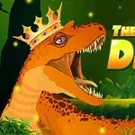 Illustrazione di un dinosauro arancione con una corona, intitolata The Dino King, su sfondo di giungla