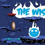 Locandina di gioco con personaggio blu e scritte fiammeggianti The Wisp su sfondo notturno con piattaforme