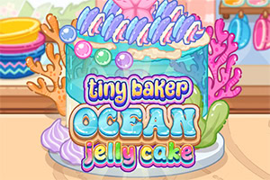 Torta jelly cake colorata a tema oceano con decorazioni marine, coralli e scritta tiny baker ocean jelly cake