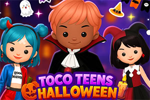 Tre personaggi cartoon in costume di Halloween con zucche, fantasmi, pipistrelli e la scritta Toco Teens Halloween