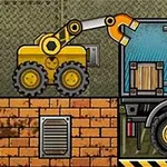 Escavatore giallo che carica casse su un camion in un contesto di cantiere